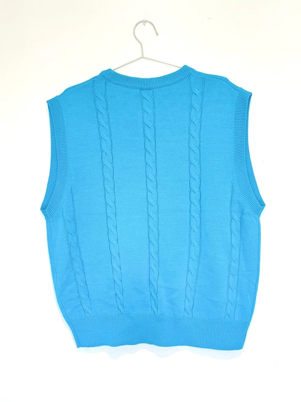 kfashion blue sweater vest - bright cable knit perforations holes - XL like new